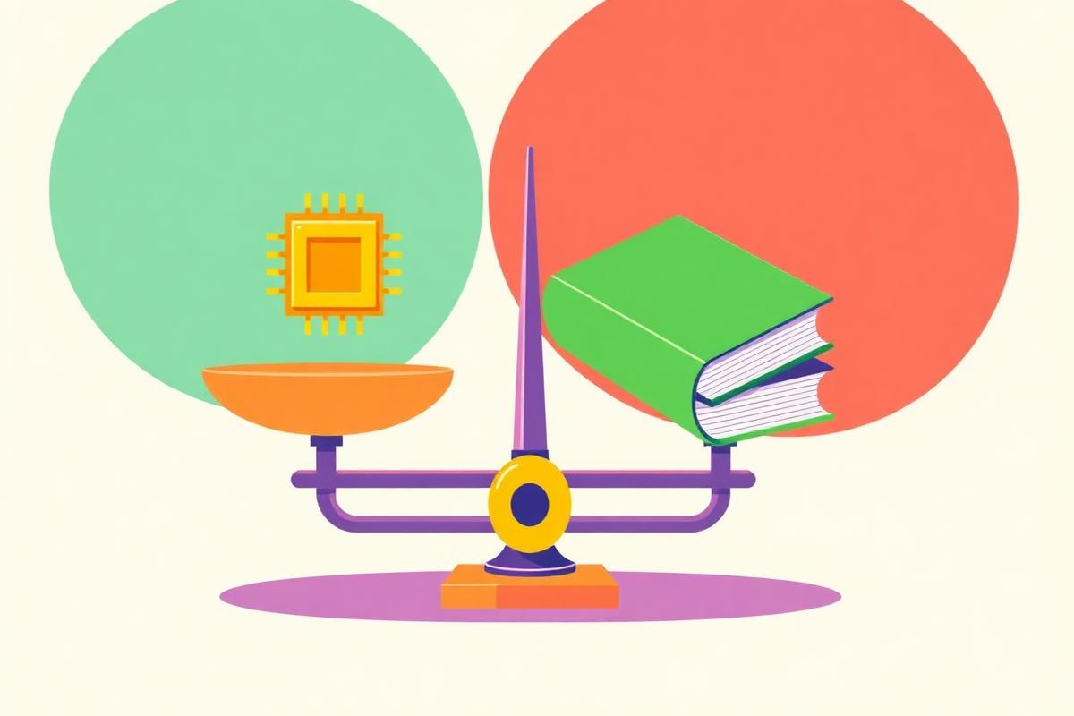 Brass balance scale weighing a laptop against a stack of academic textbooks
