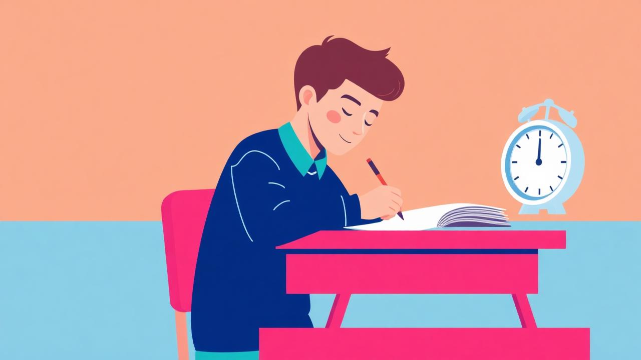 Student writing a timed exam paper at a desk beside a clock