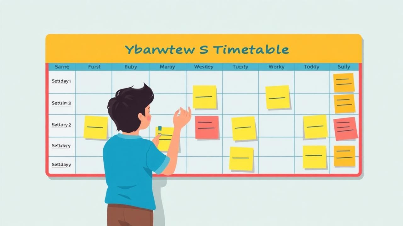 Student arranging a weekly revision timetable with coloured sticky notes